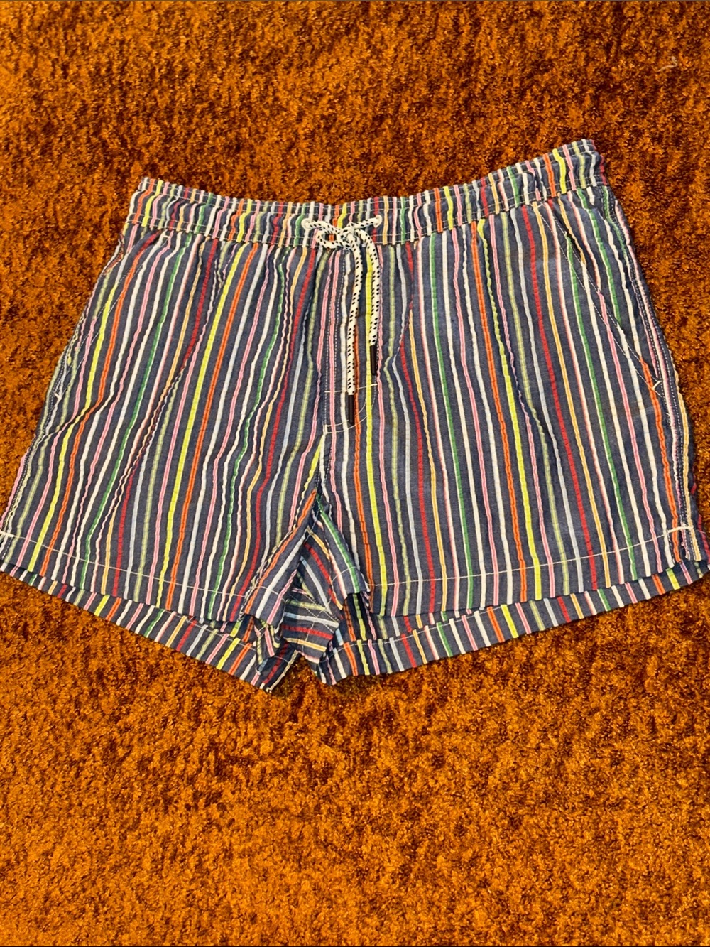 Men's Navy Multicolor Striped Athletic Drawstring Shorts